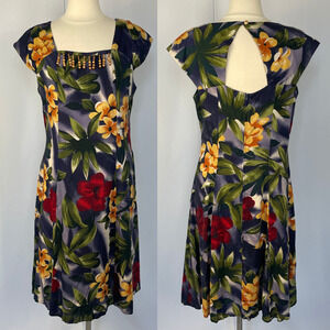 Vintage Dress Size 14 Blue Tropical Floral Hawaii Beach Open Back Beaded 90s